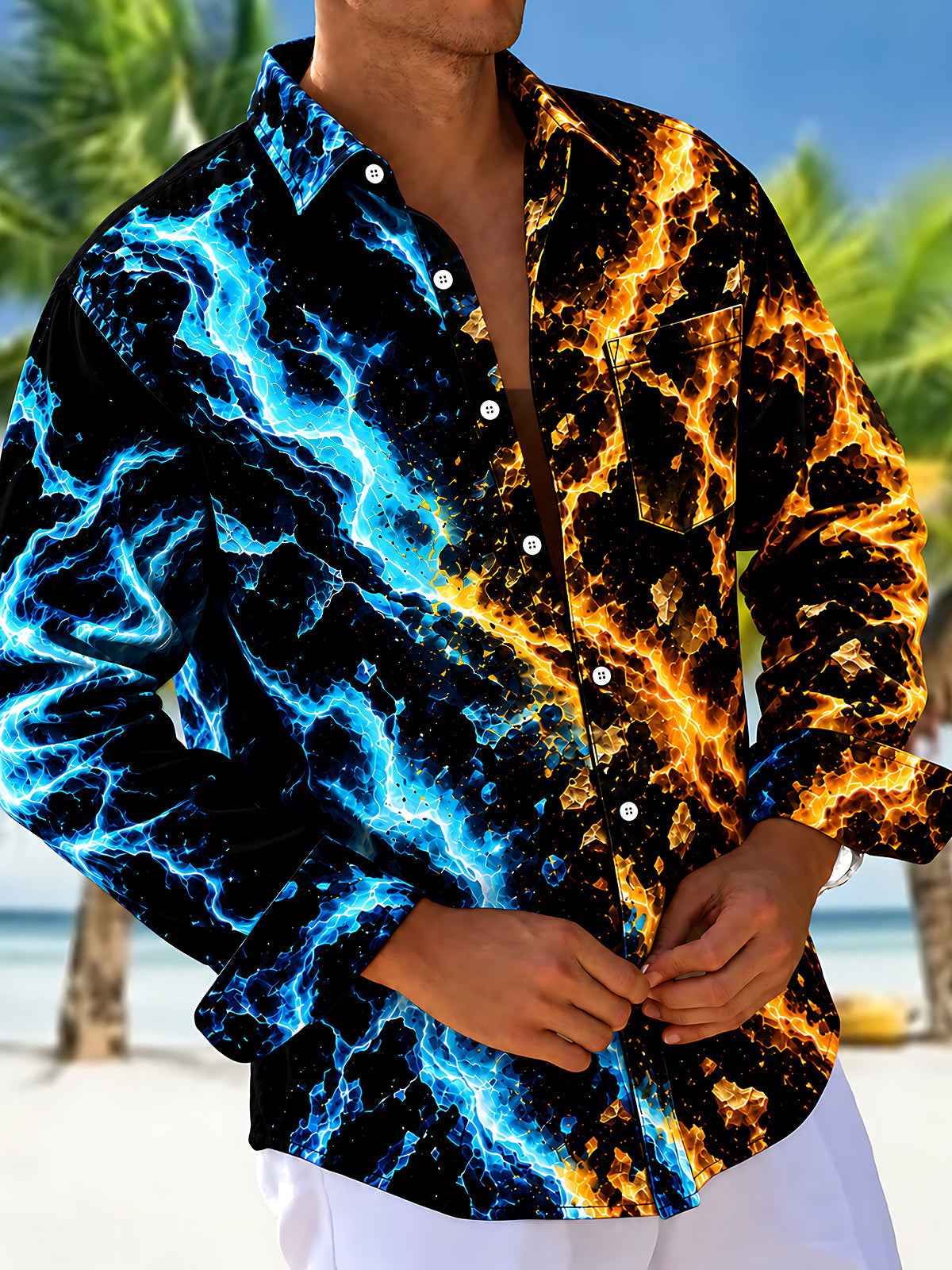 Oceanlyte Men's Abstract Fire And Ice Lightning Pattern Long Sleeve Shirt with Chest Pocket