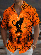 Oceanlyte Men's Short Sleeve Shirt - Halloween Black Cat On Lantern With Moon And Trees Print with Chest Pocket