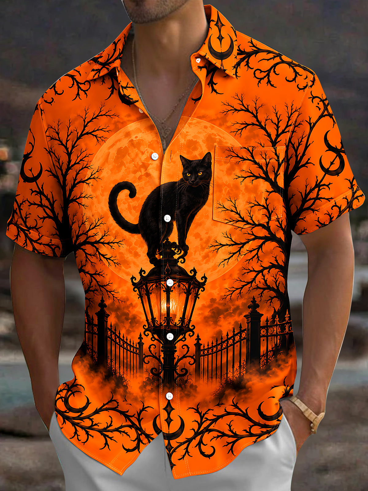 Oceanlyte Men's Short Sleeve Shirt - Halloween Black Cat On Lantern With Moon And Trees Print with Chest Pocket
