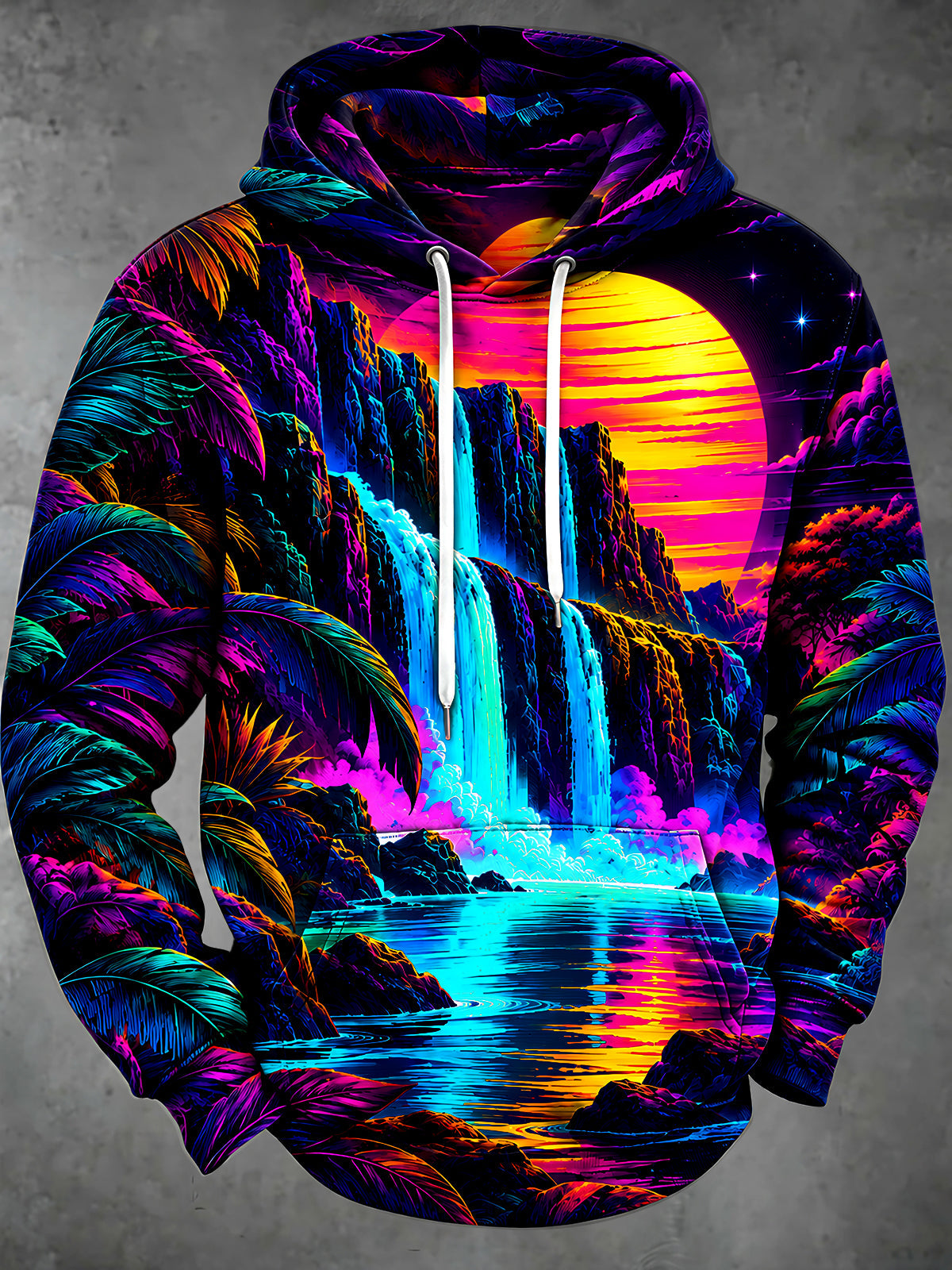 Oceanlyte Men's Tropical Neon Waterfall And Palm Trees Print Long Sleeve Hoodie