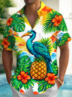 Oceanlyte Men's Hawaiian Blue Pelican And Pineapple Print Short Sleeve Shirt with Chest Pocket