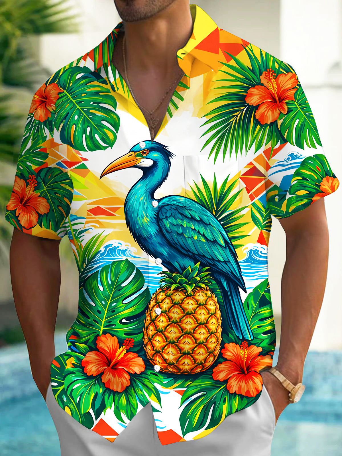 Oceanlyte Men's Hawaiian Blue Pelican And Pineapple Print Short Sleeve Shirt with Chest Pocket