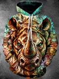 Oceanlyte Men's Long Sleeve Hoodie - Rhino Head With Geometric And Fractal Patterns Print