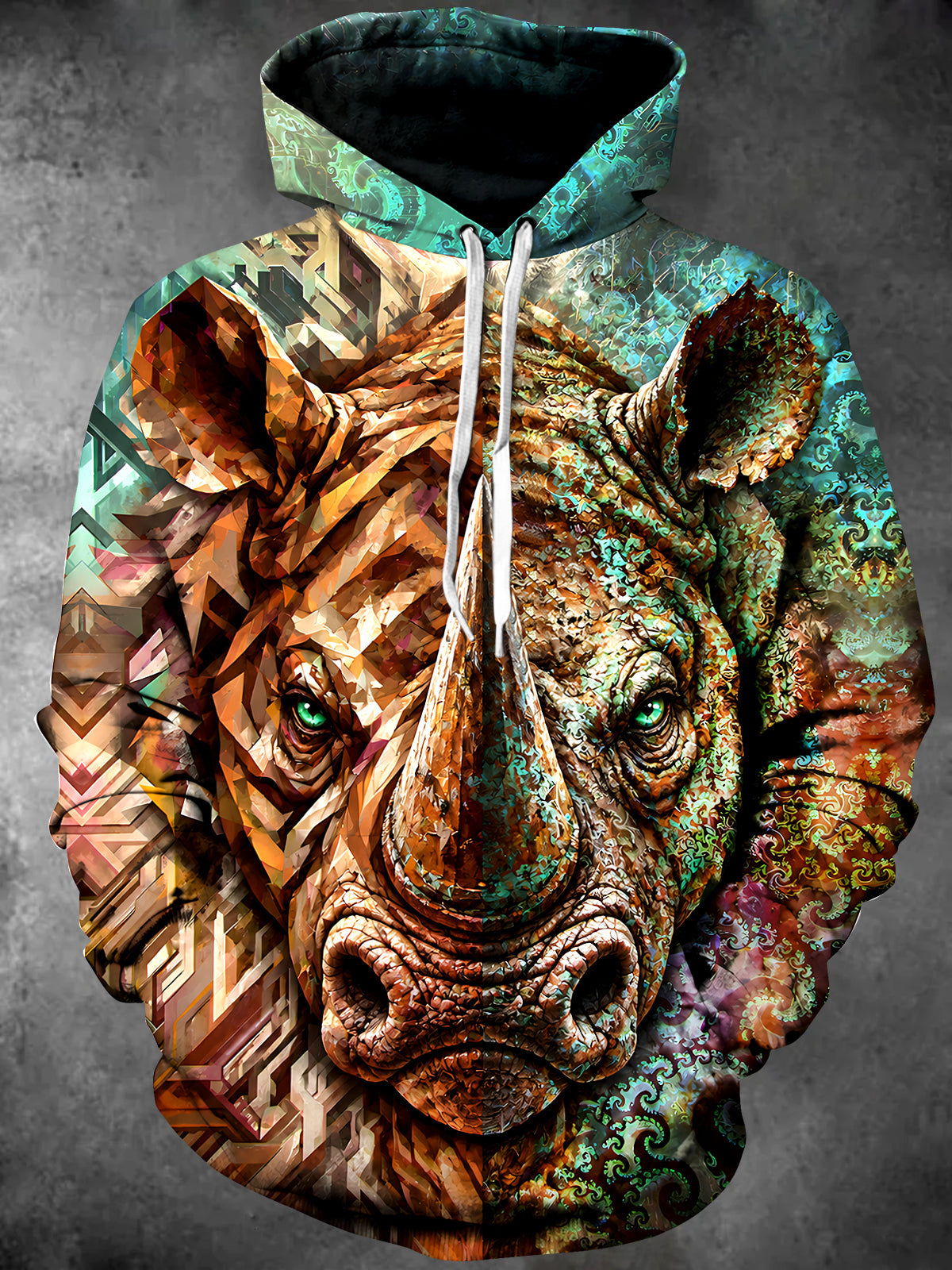 Oceanlyte Men's Long Sleeve Hoodie - Rhino Head With Geometric And Fractal Patterns Print