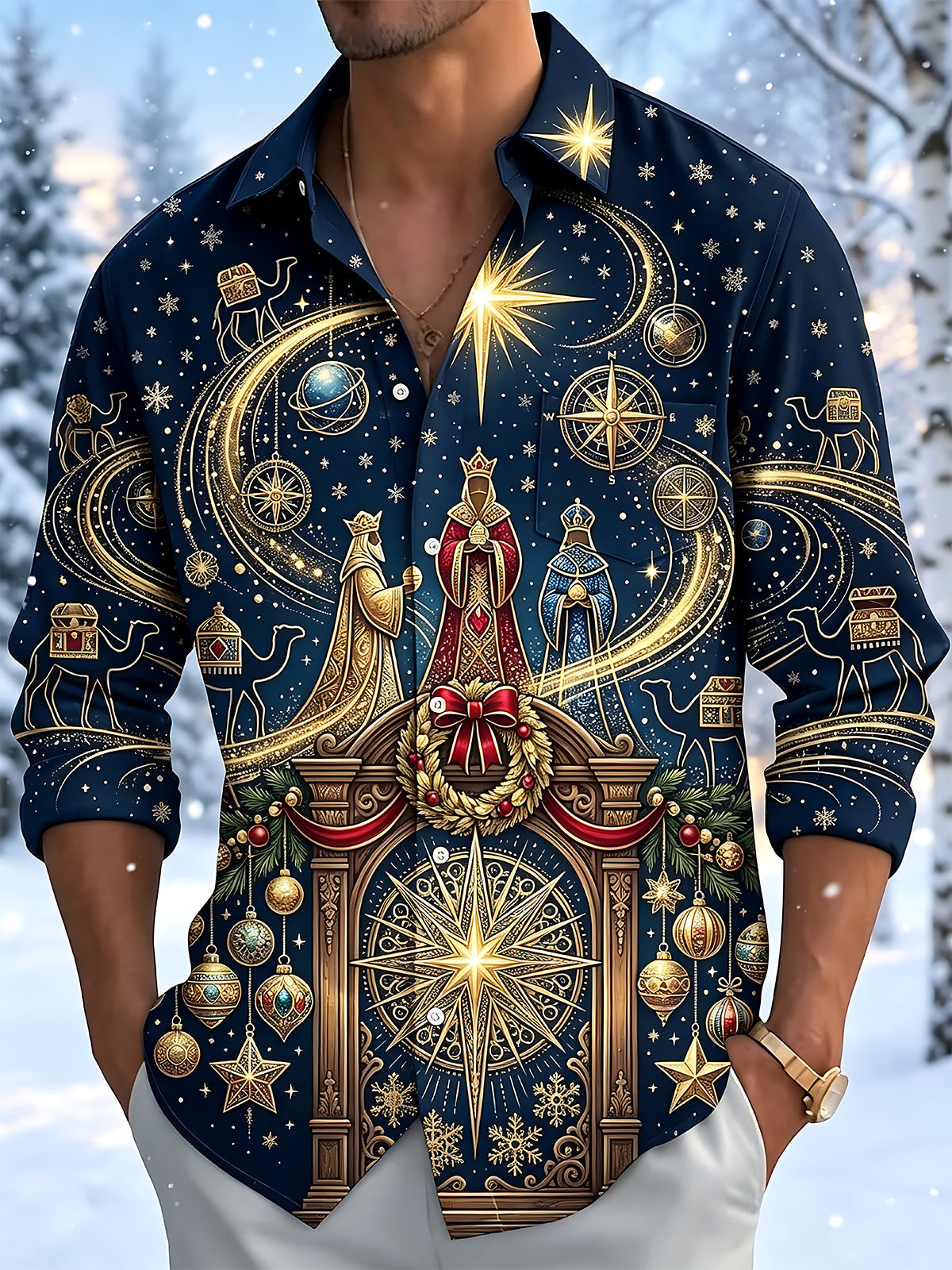 Oceanlyte Men's Three Wise Men And Christmas Ornaments Print Long Sleeve Shirt with Chest Pocket