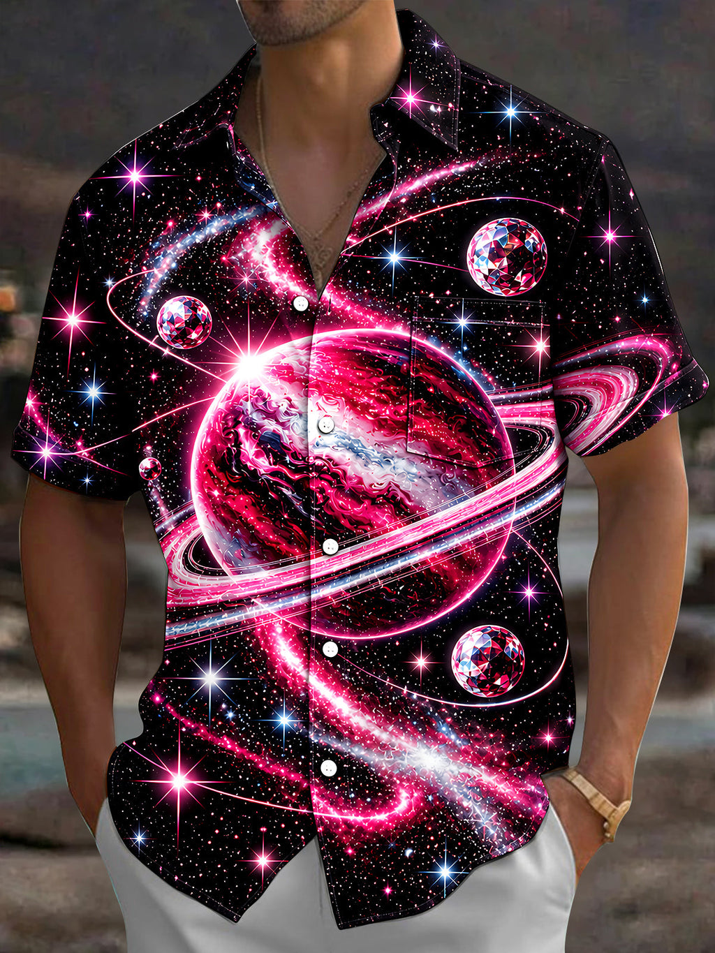 Oceanlyte Men's Space Galaxy With Planets And Stars Print Short Sleeve Shirt with Chest Pocket