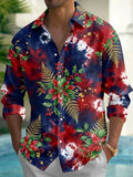 Oceanlyte Men's Long Sleeve Shirt - Christmas Poinsettia And Holly With Gold Ferns Print with Chest Pocket
