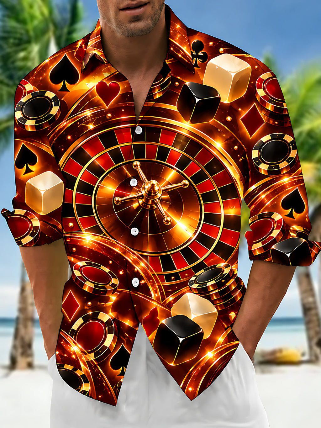 Oceanlyte Men's Roulette Wheel And Casino Elements Print Long Sleeve Shirt with Chest Pocket
