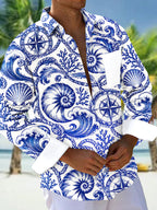 Oceanlyte Men's Hawaiian Nautical Waves And Seashells Print Long Sleeve Shirt with Chest Pocket