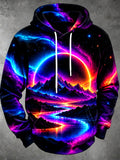 Oceanlyte Men's Long Sleeve Hoodie - Neon Retro Mountain Landscape With Space Sun Print