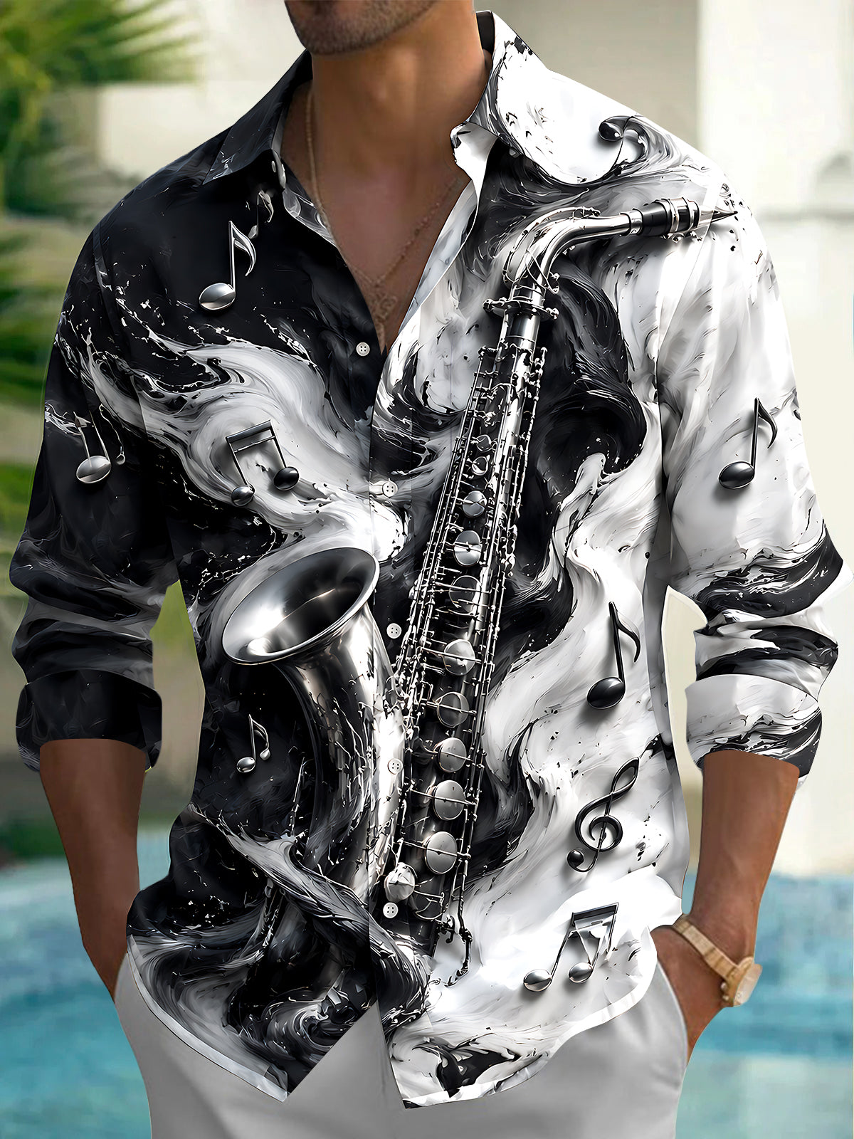 Oceanlyte Men's Graphic Saxophone And Musical Notes Print Long Sleeve Shirt with Chest Pocket