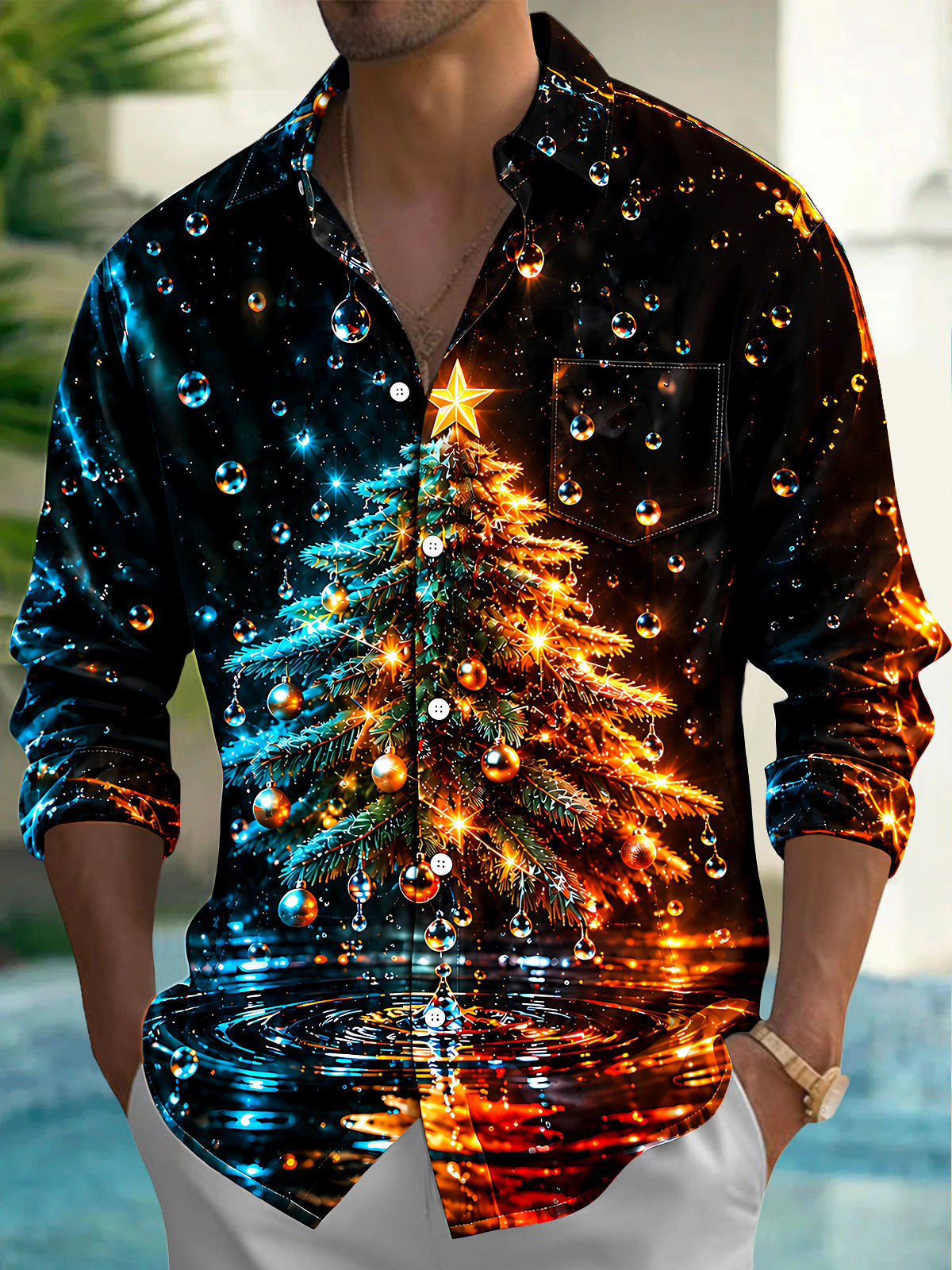 Oceanlyte Men's Christmas Tree With Ornaments And Star Print Long Sleeve Shirt with Chest Pocket