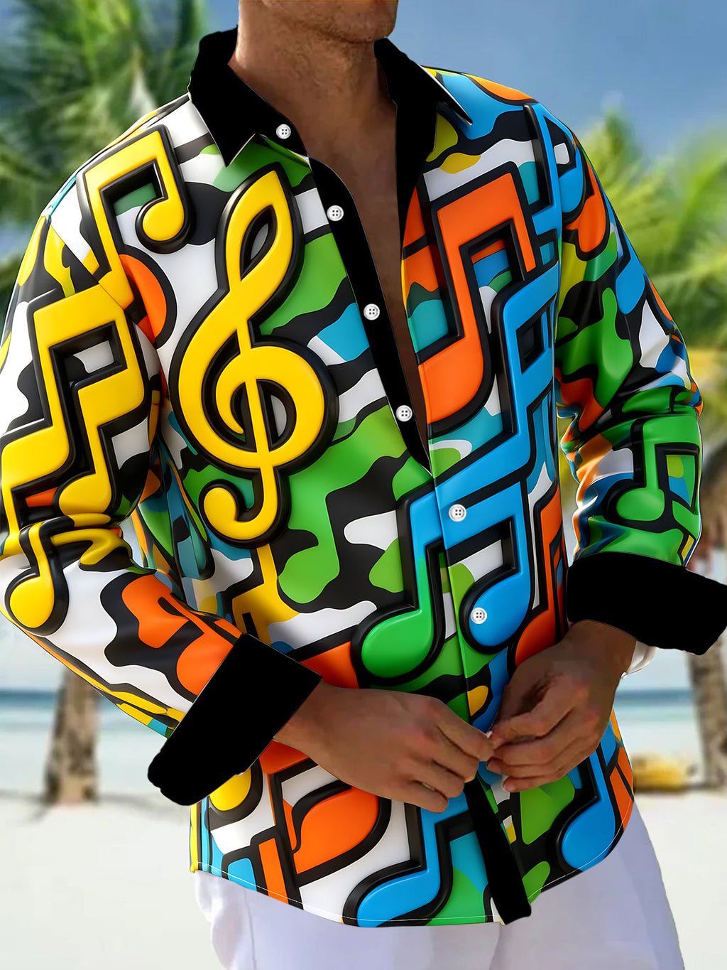 Oceanlyte Men's Graphic 3D Musical Notes And Treble Clef Print Long Sleeve Shirt with Chest Pocket