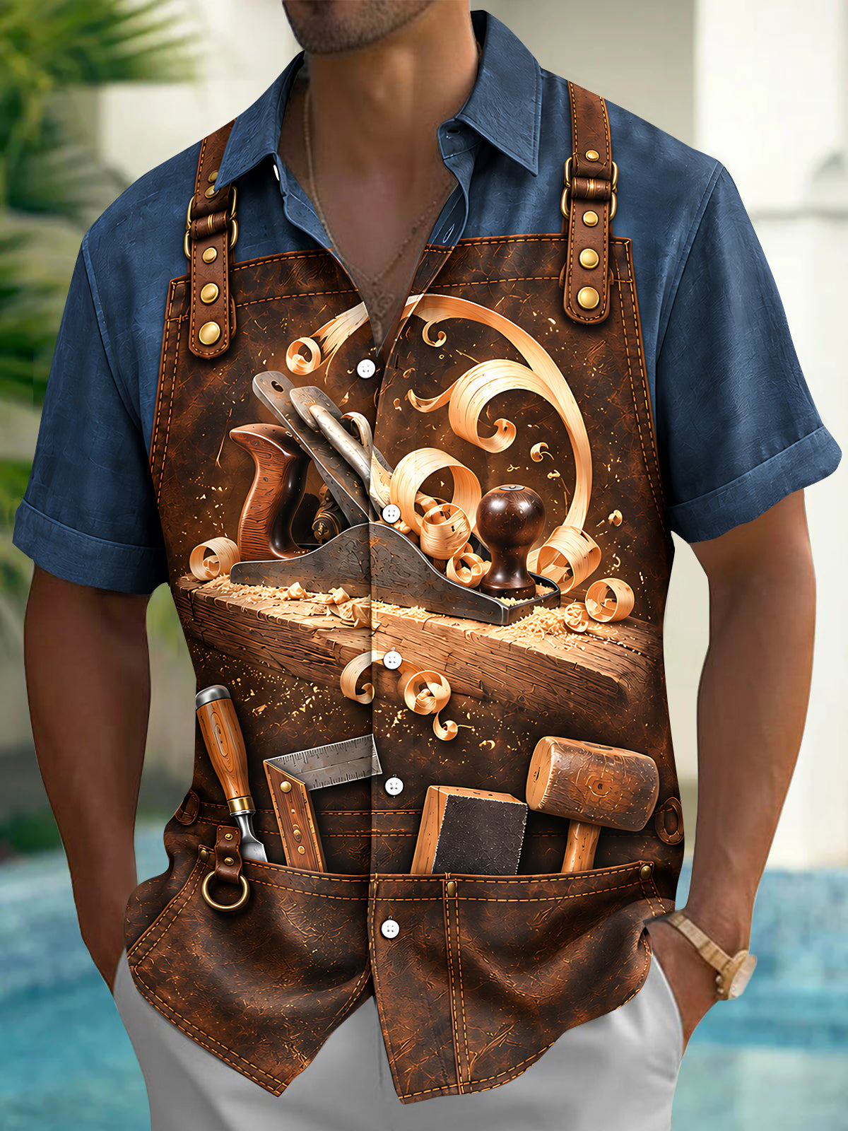 Oceanlyte Men's Short Sleeve Shirt - Woodworking Tools And Wood Shavings On Leather Apron Print with Chest Pocket