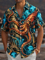 Oceanlyte Men's Hawaiian Octopus And Ancient Ruins Print Short Sleeve Shirt with Chest Pocket
