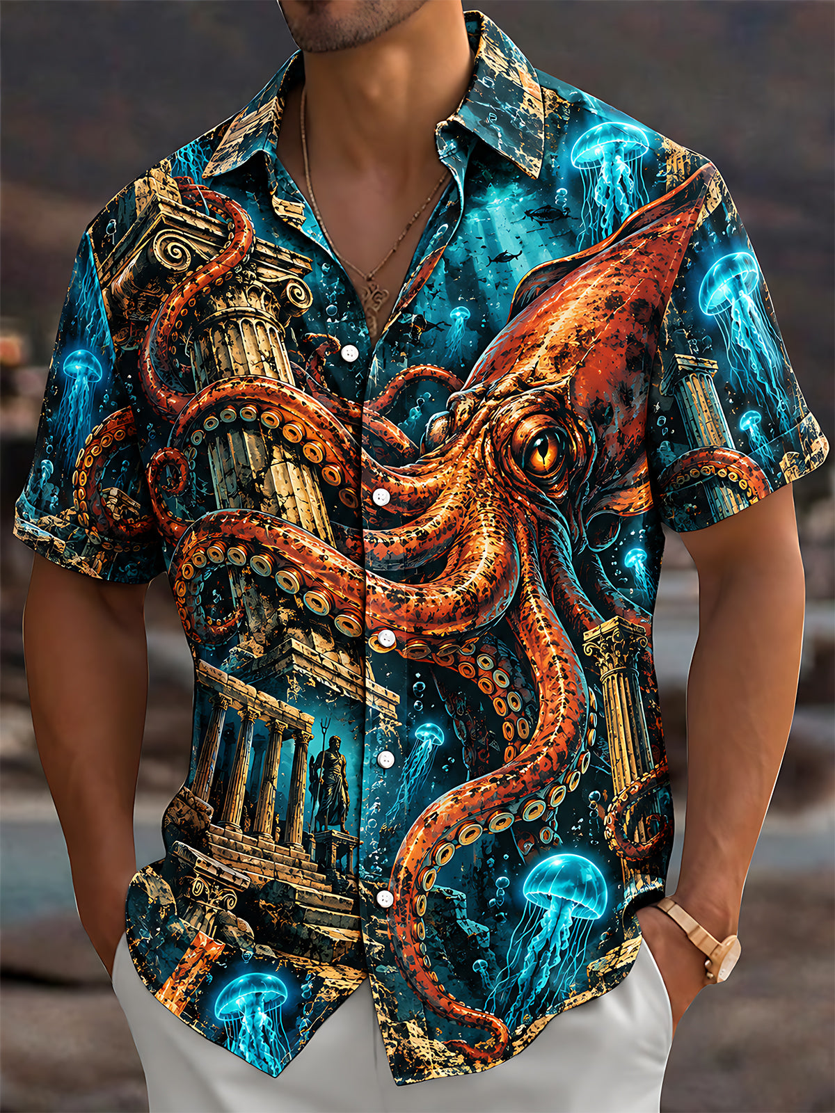 Oceanlyte Men's Hawaiian Octopus And Ancient Ruins Print Short Sleeve Shirt with Chest Pocket