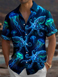 Oceanlyte Men's Hawaiian Neon Jellyfish Print Octopus Print Short Sleeve Shirt with Chest Pocket