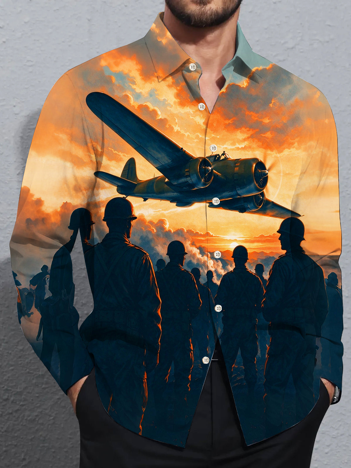 Oceanlyte Men's Long Sleeve Shirt - The "Twilight Squadron" Vintage Warplane And Soldier Silhouettes Print with Chest Pocket