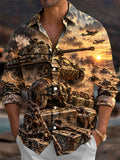 Oceanlyte Men's Long Sleeve Shirt - The "Iron Vanguard" Graphic Military Tank And Aircraft Print with Chest Pocket