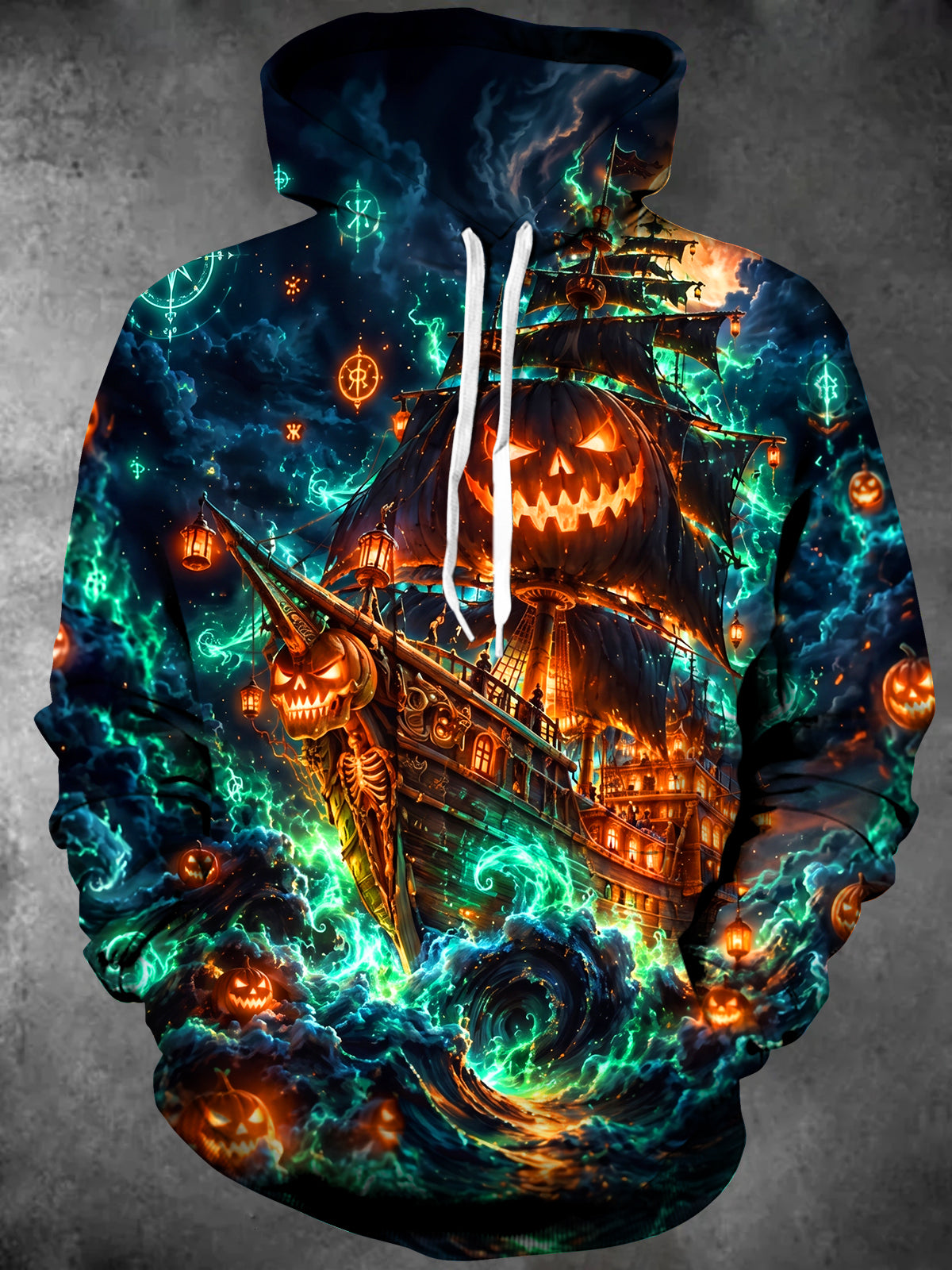 Oceanlyte Men's Long Sleeve Hoodie - Halloween Ghost Ship With Jack-o-lanterns Print