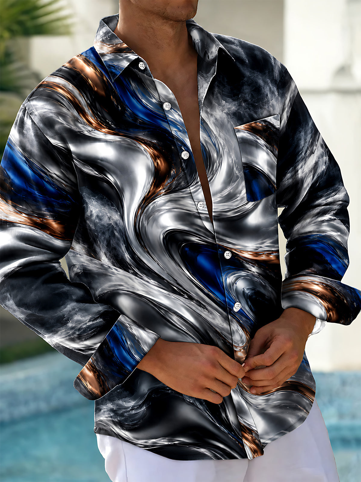 Oceanlyte Men's Abstract Swirling Metallic And Blue Pattern Long Sleeve Shirt with Chest Pocket