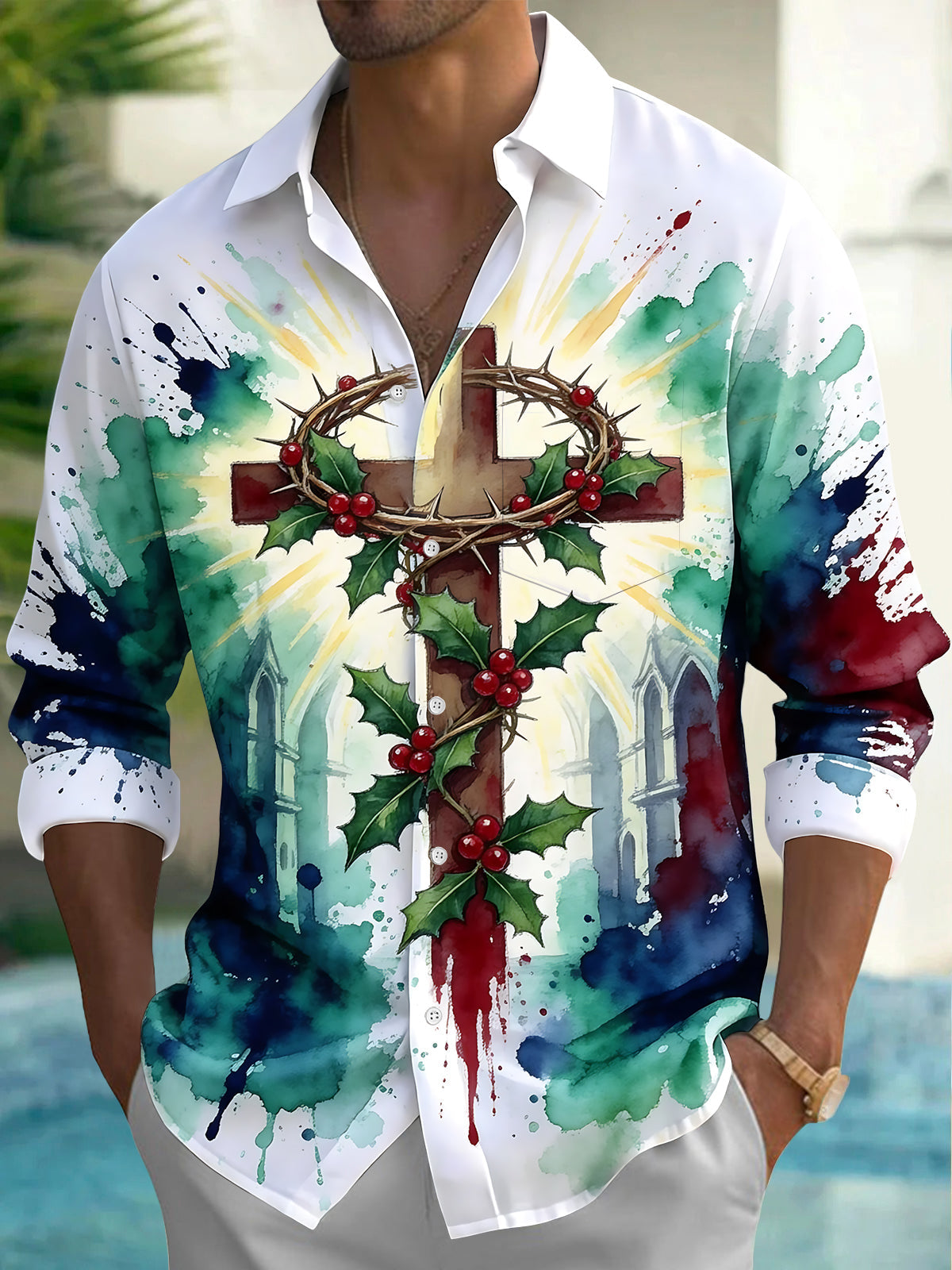 Oceanlyte Men's Long Sleeve Shirt - Christmas Religious Cross With Crown Of Thorns And Holly Print with Chest Pocket