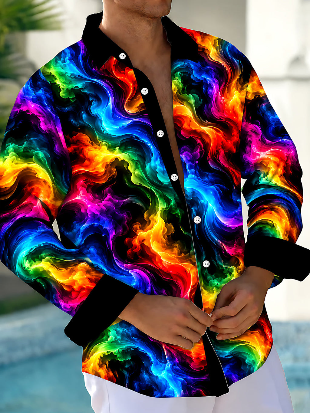 Oceanlyte Men's Tie Dye Neon Abstract Swirls Print Long Sleeve Shirt with Chest Pocket