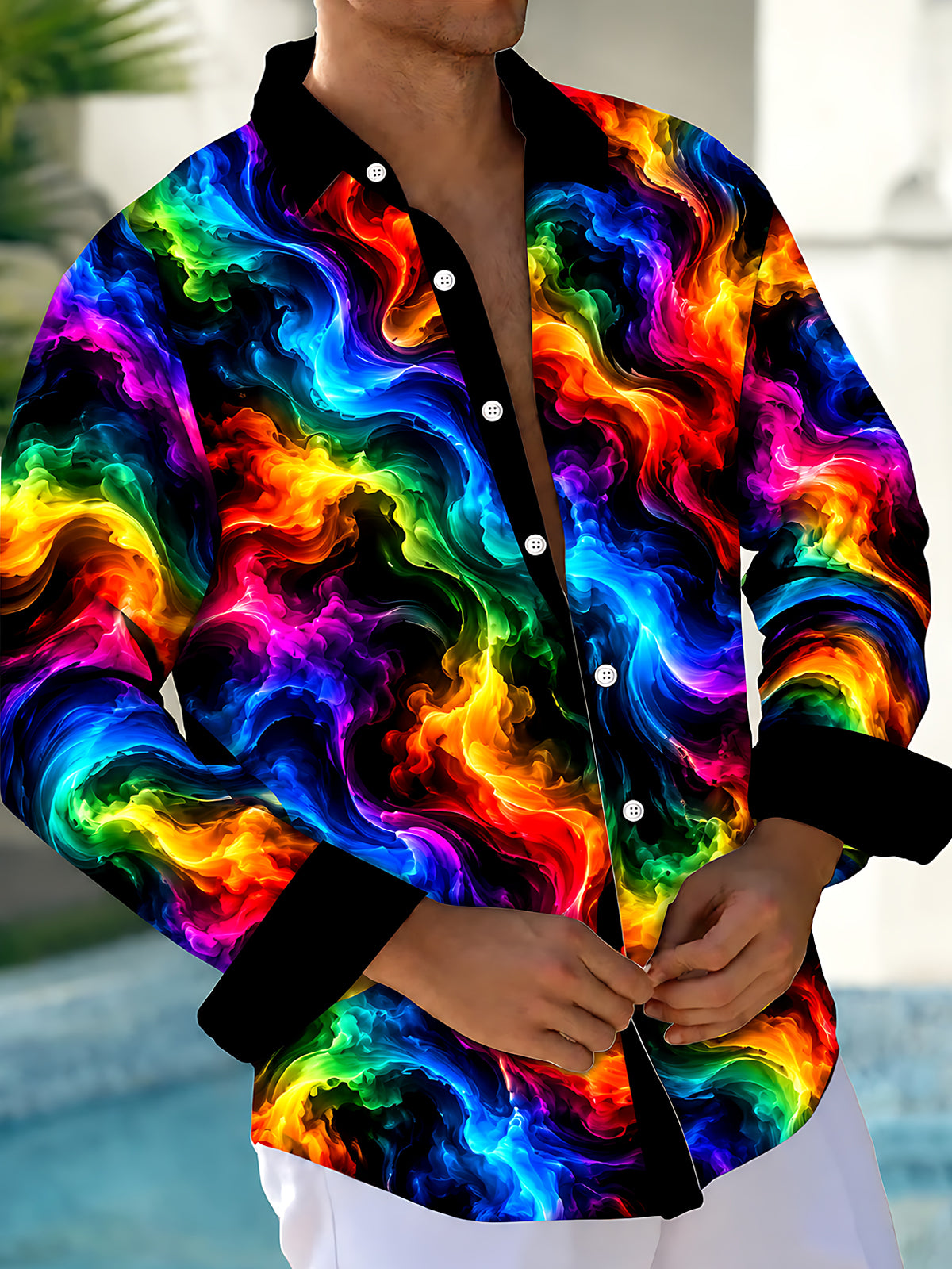 Oceanlyte Men's Tie Dye Neon Abstract Swirls Print Long Sleeve Shirt with Chest Pocket