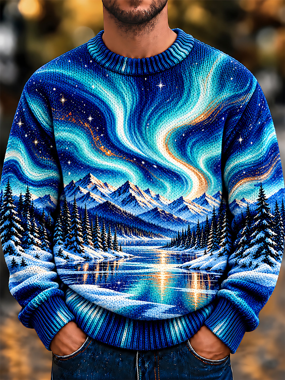 Oceanlyte Men's Aurora Borealis And Starry Night Sky Print Long Sleeve Sweater