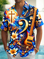 Oceanlyte Men's Hawaiian Bass Guitar And Musical Notes Print Short Sleeve Shirt with Chest Pocket