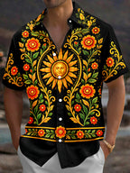 Oceanlyte Men's Hawaiian Sun With Face And Floral Vines Print Short Sleeve Shirt with Chest Pocket