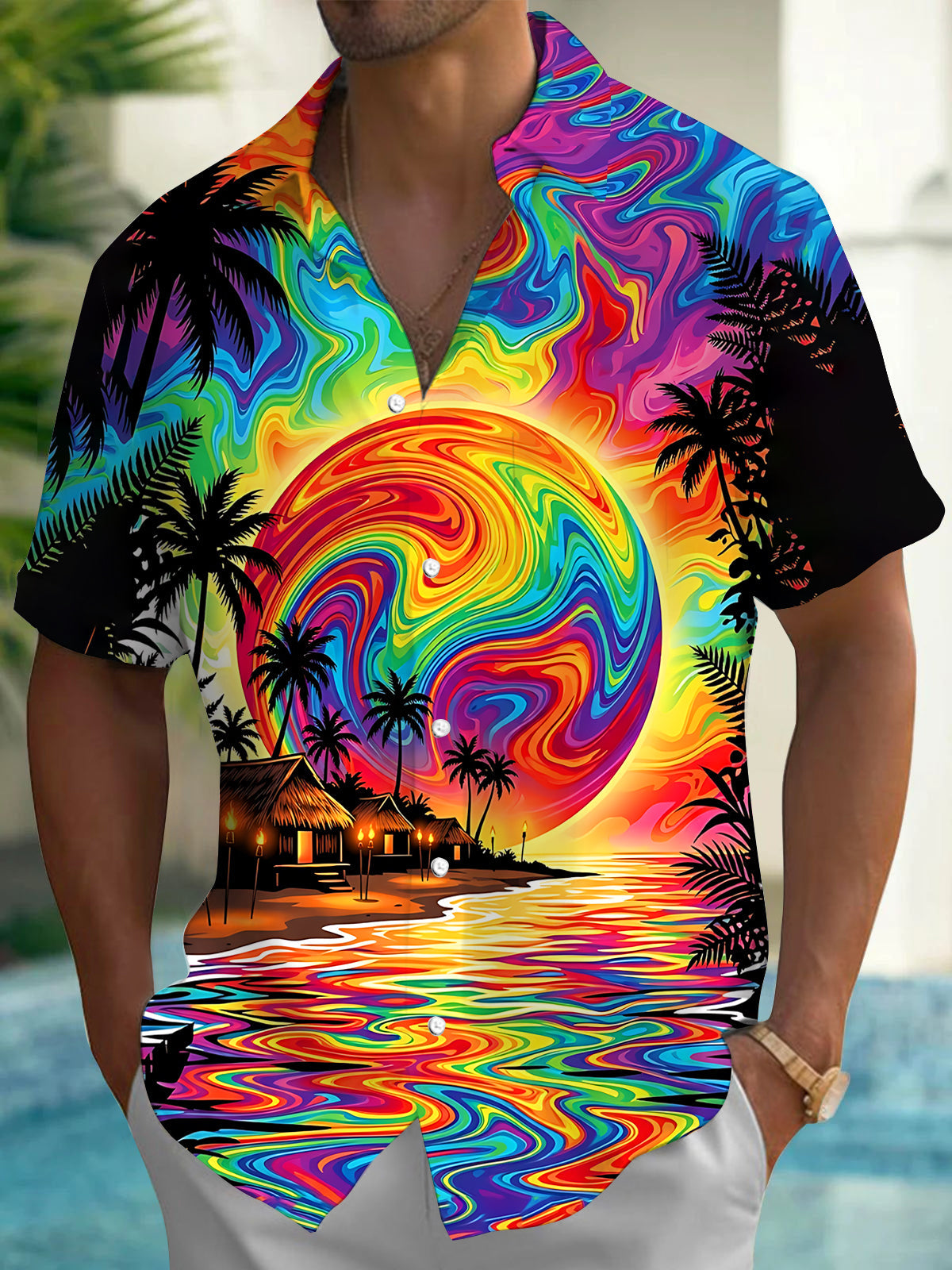 Oceanlyte Men's Short Sleeve Shirt - Psychedelic Rainbow Sunset With Palm Trees And Beach Huts Print with Chest Pocket