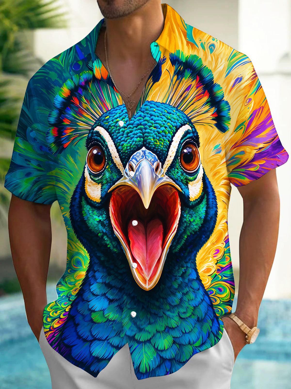 Oceanlyte Men's Hawaiian Colorful Peacock Head Print Short Sleeve Shirt with Chest Pocket