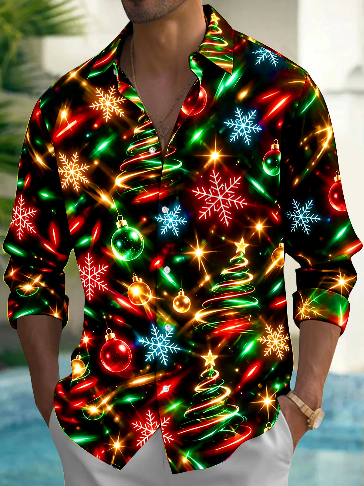 Oceanlyte Men's Printed Christmas Trees And Ornaments Print Long Sleeve Shirt with Chest Pocket
