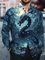 Oceanlyte Men's Dragon And Wolves In A Moonlit Forest Print Long Sleeve Shirt with Chest Pocket