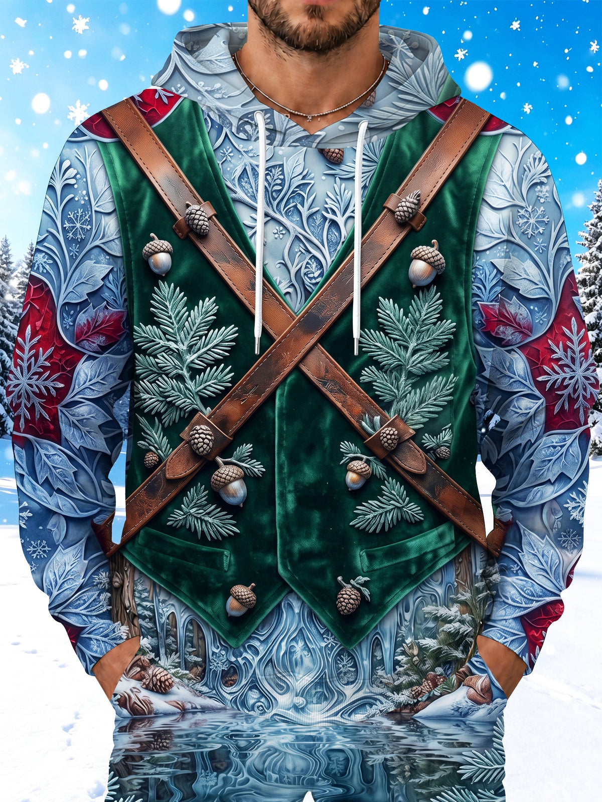 Oceanlyte Men's Long Sleeve Hoodie - Winter Forest Elf Vest With Acorns And Pine Branches Print