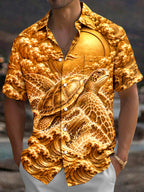 Oceanlyte Men's Hawaiian Sea Turtle And Ocean Waves Print Short Sleeve Shirt with Chest Pocket