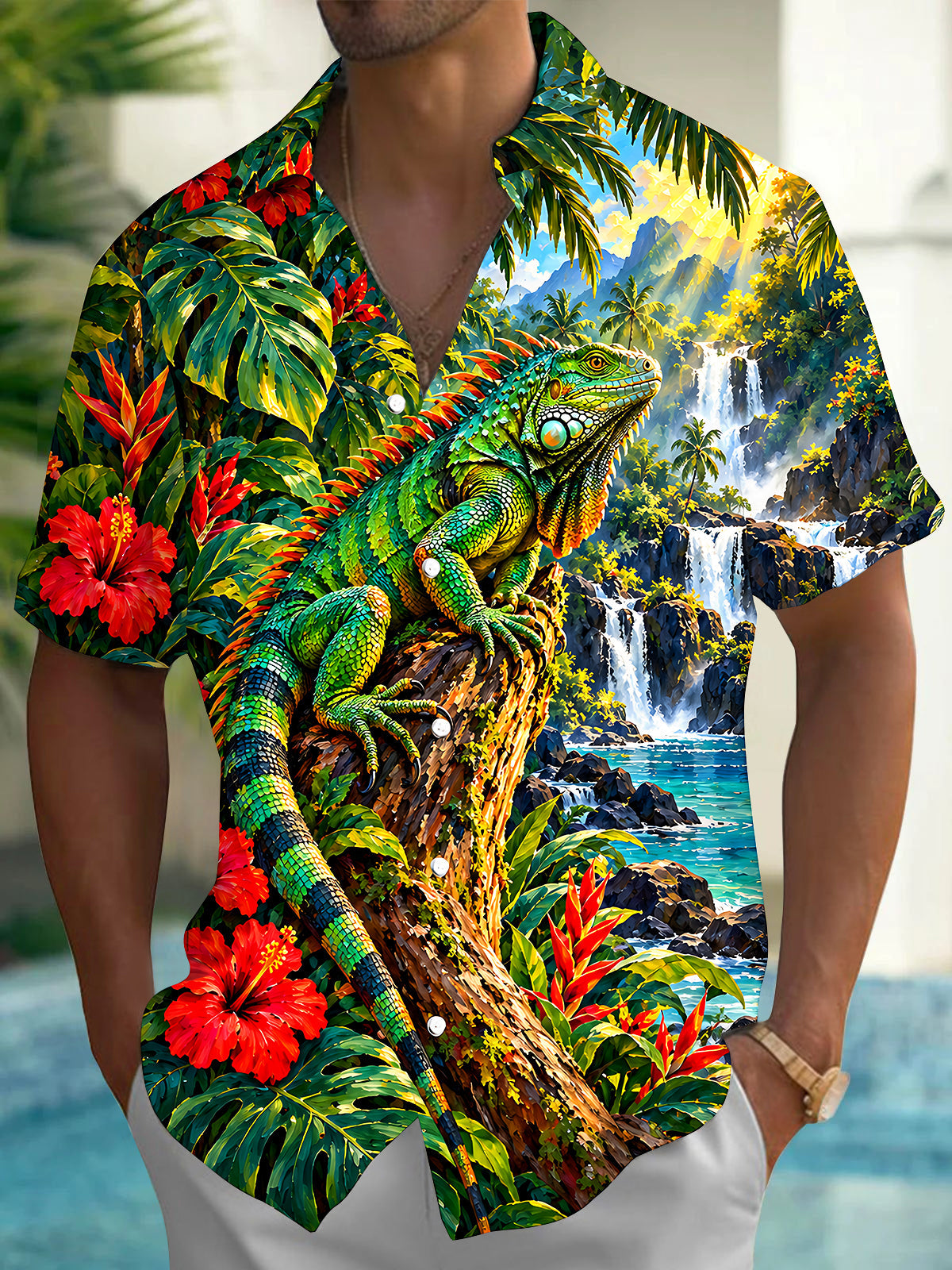 Oceanlyte Men's Hawaiian Green Iguana On Tree Trunk Print Short Sleeve Shirt with Chest Pocket