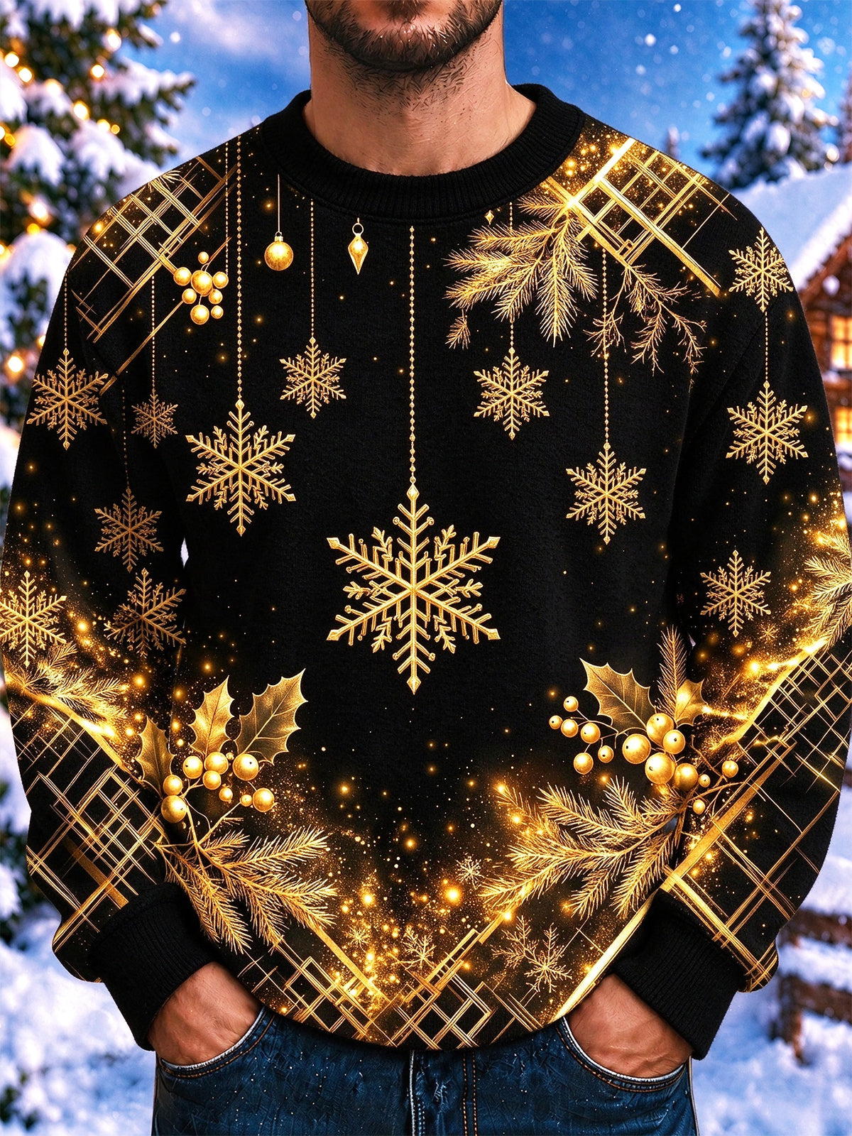 Oceanlyte Men's Long Sleeve Crew Neck Sweater - Christmas Gold Snowflakes And Pine Branches Print