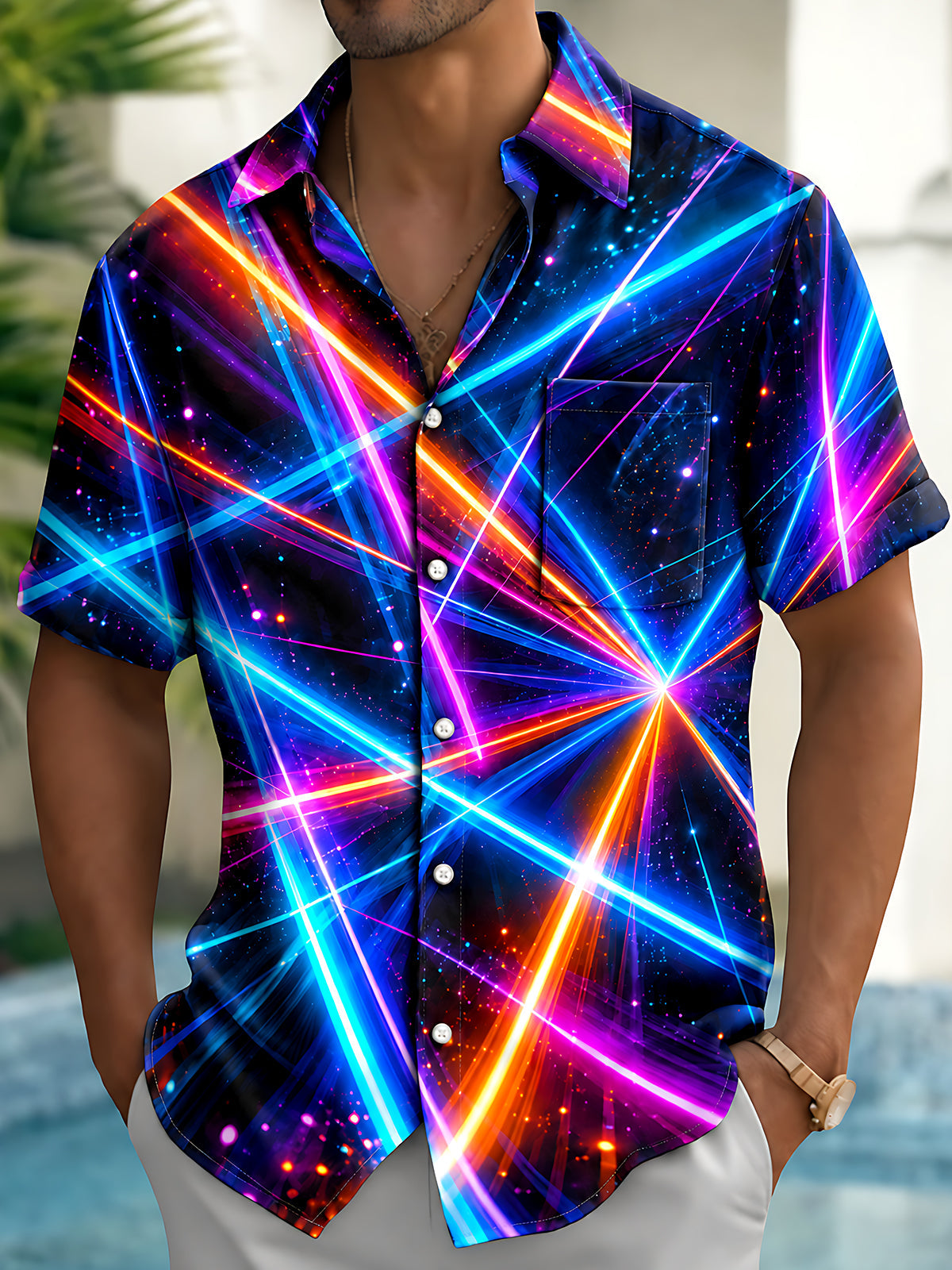 Oceanlyte Men's Neon Geometric Light Rays And Stars Print Short Sleeve Shirt with Chest Pocket