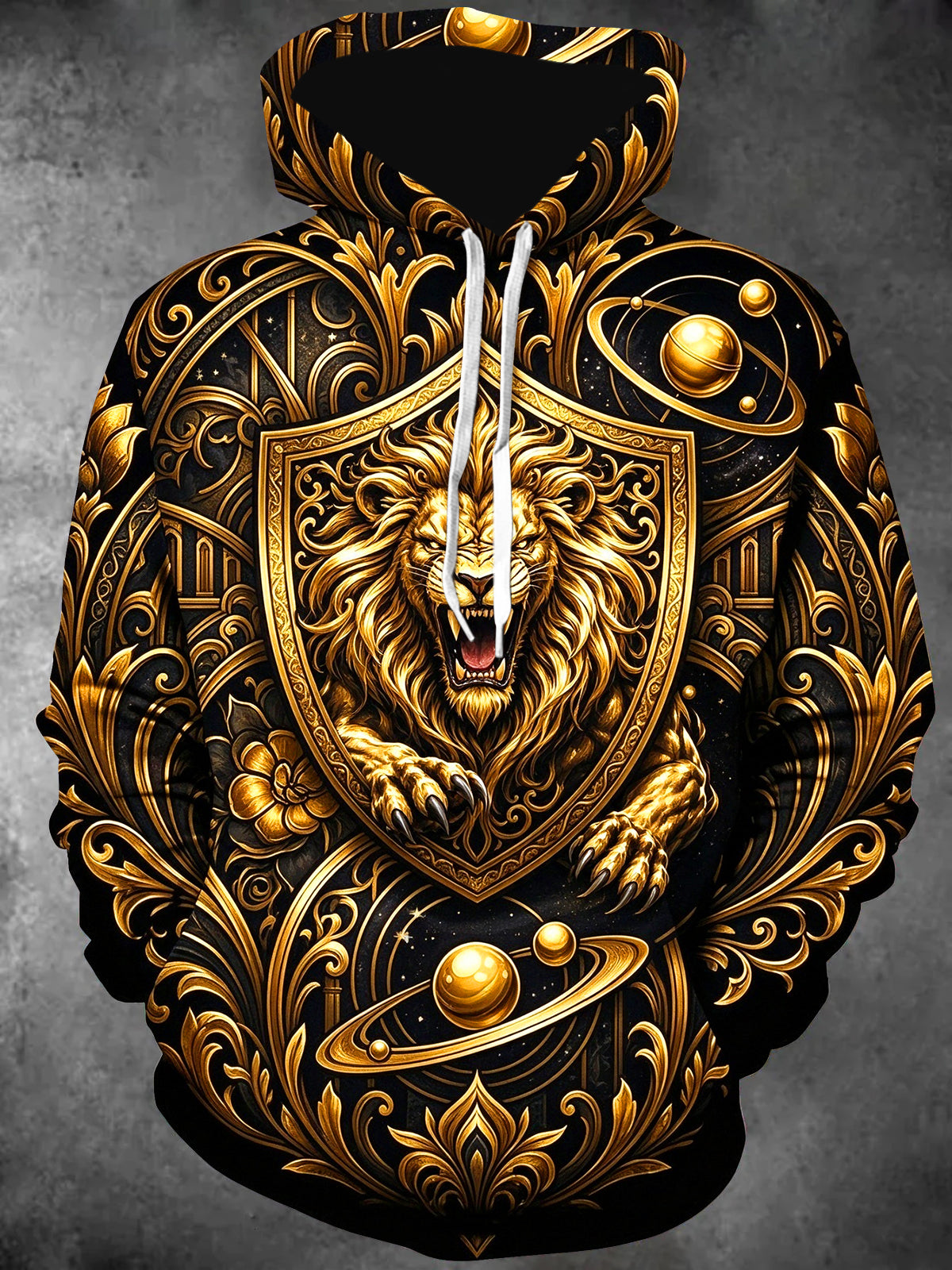Oceanlyte Men's Long Sleeve Hoodie - Gold Lion In Shield With Baroque Patterns And Planets Print
