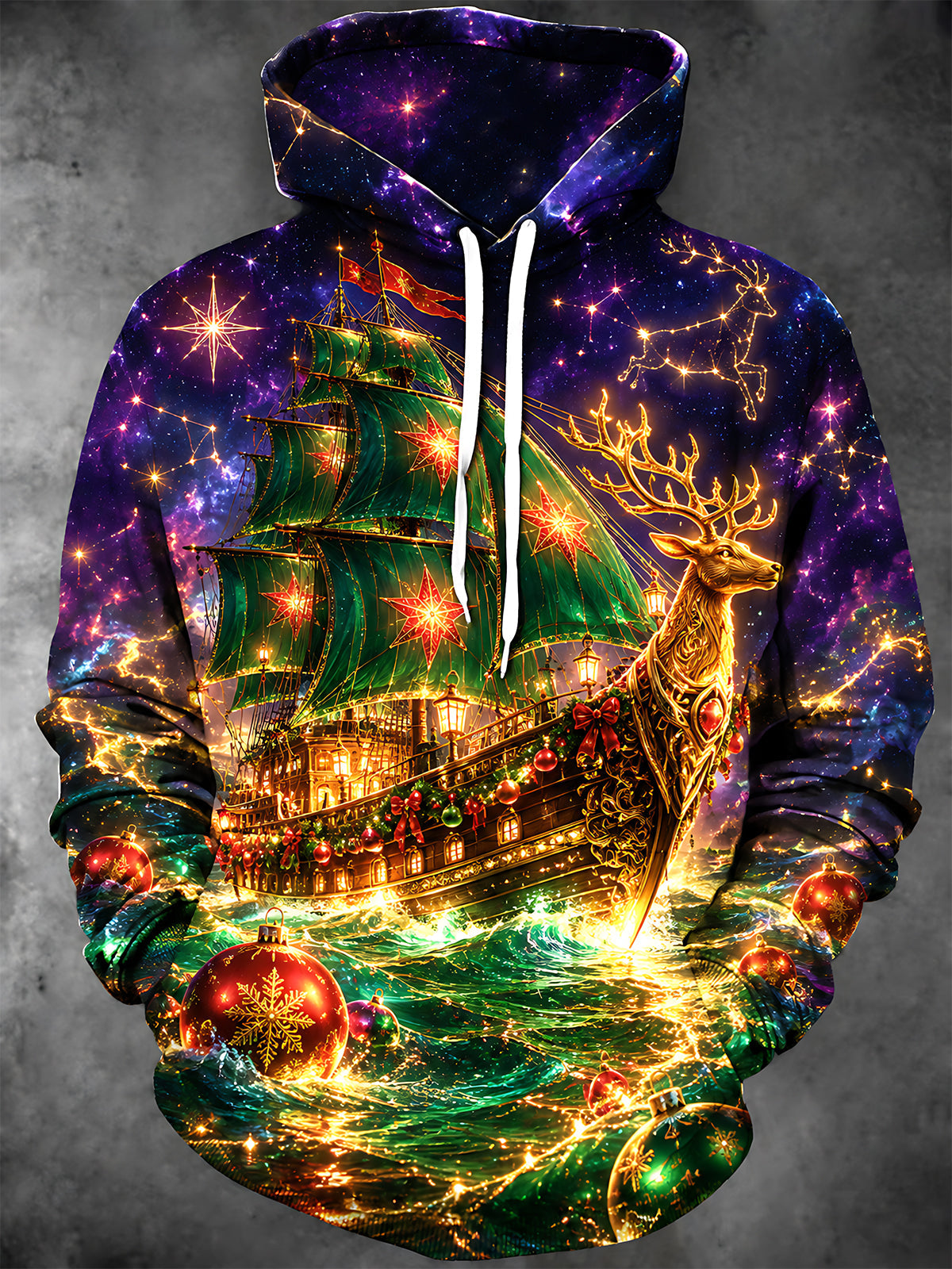Oceanlyte Men's Graphic Christmas Starship And Reindeer Print Long Sleeve Hoodie