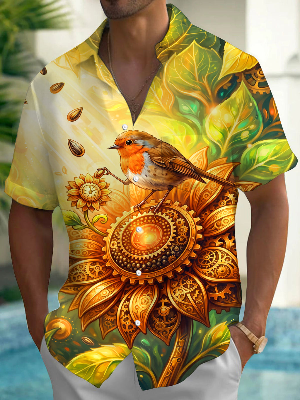 Oceanlyte Men's Graphic Steampunk Sunflower And Robin Print Short Sleeve Shirt with Chest Pocket