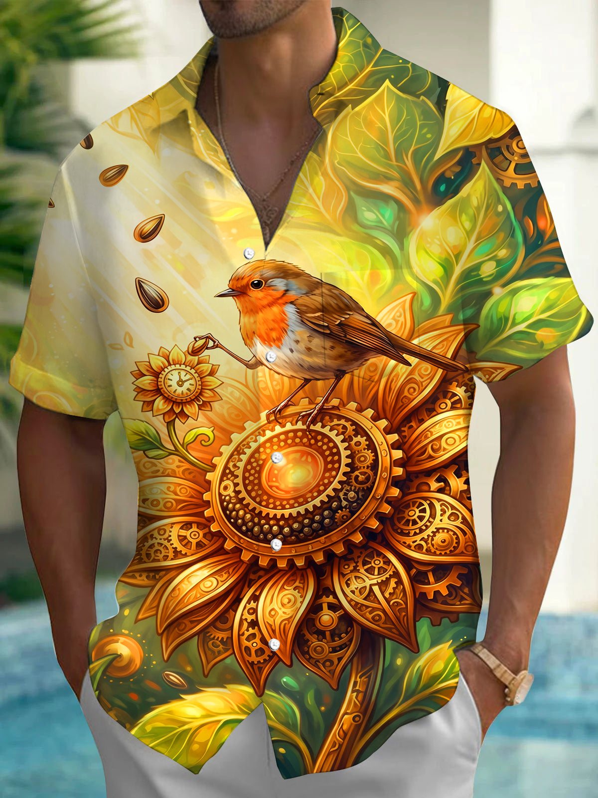 Oceanlyte Men's Graphic Steampunk Sunflower And Robin Print Short Sleeve Shirt with Chest Pocket