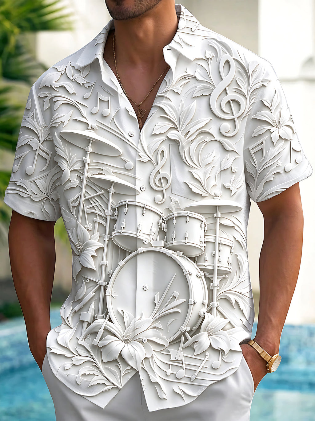Oceanlyte Men's Short Sleeve Shirt - Embossed Drum Kit And Floral Music Notes Print with Chest Pocket