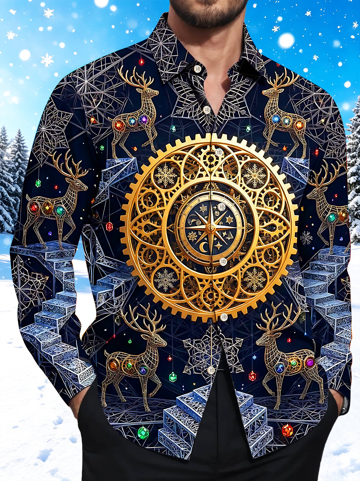 Oceanlyte Men's Long Sleeve Shirt - Geometric Reindeer And Christmas Ornaments Print with Chest Pocket