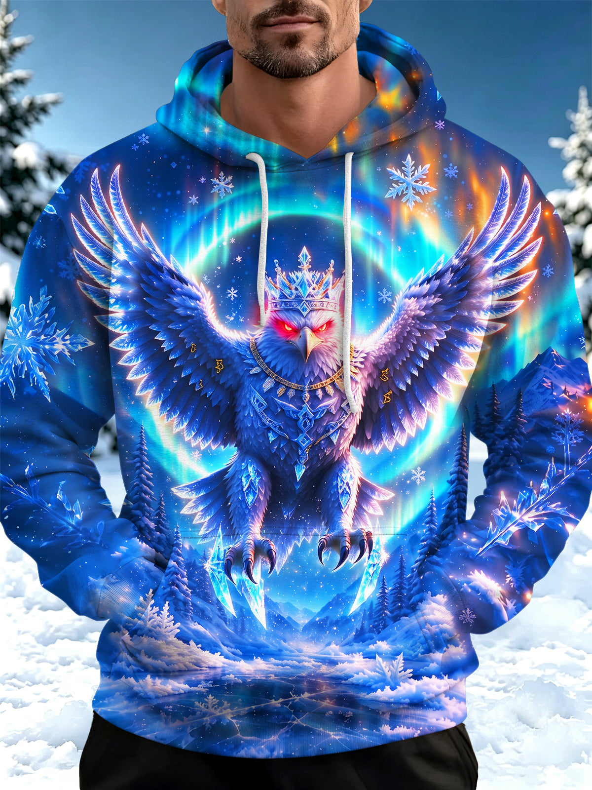 Oceanlyte Men's Long Sleeve Hoodie - Crowned Eagle With Aurora Borealis And Snowflakes Print