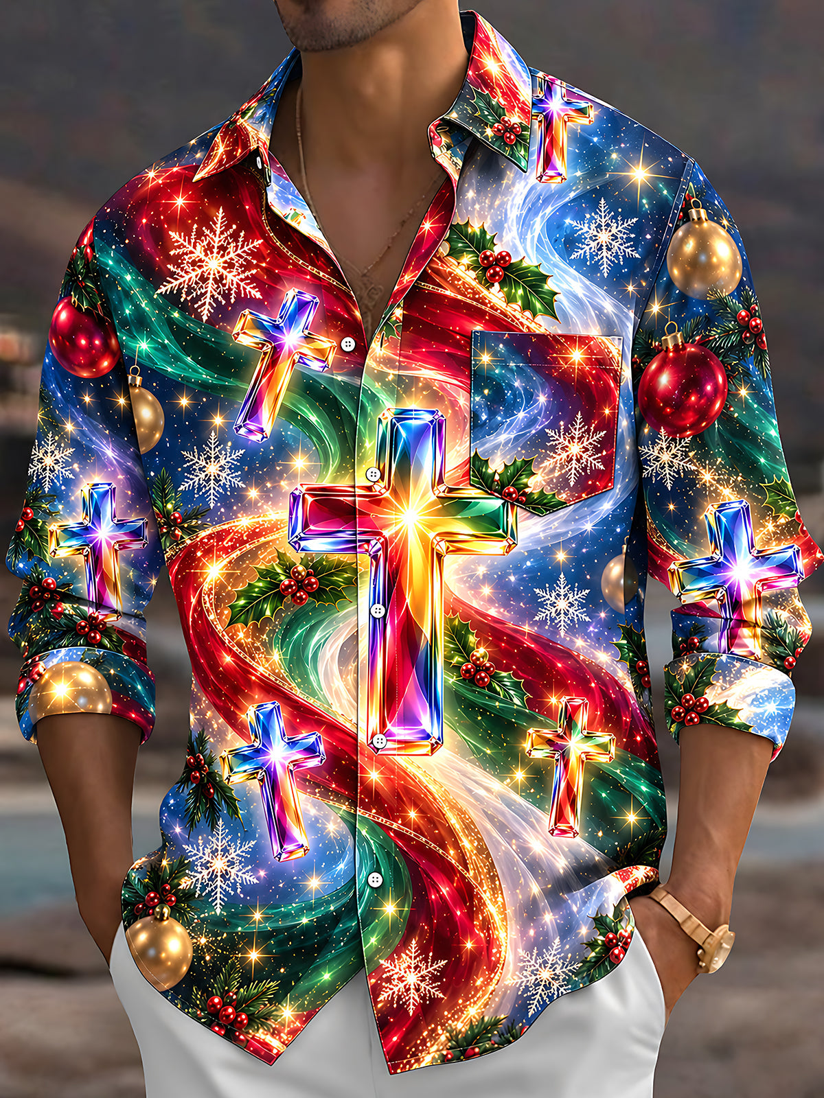 Oceanlyte Men's Long Sleeve Shirt - Colorful Crystal Crosses And Christmas Ornaments Print with Chest Pocket