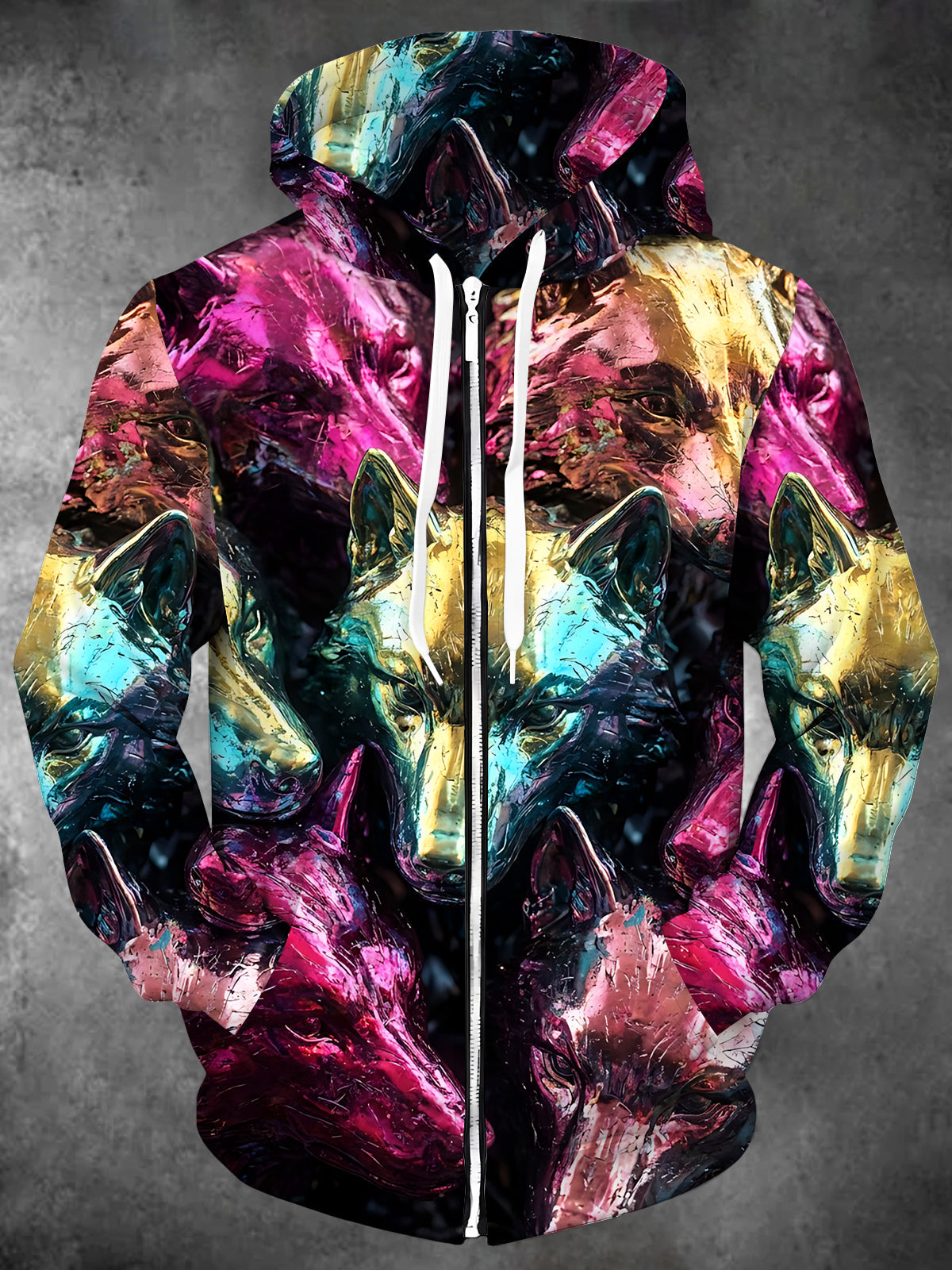 Oceanlyte Men's Graphic Colorful Wolf Heads Print Long Sleeve Zip-Up Hoodie