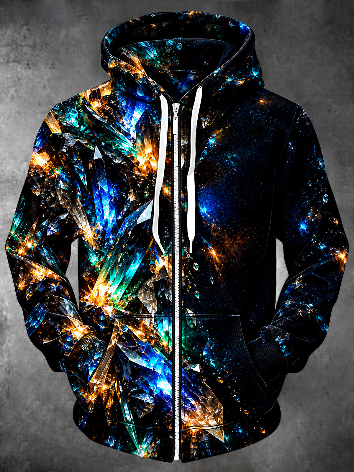 Oceanlyte Men's Long Sleeve Zip-Up Hoodie - Crystalline Geometric Crystal Formation Print